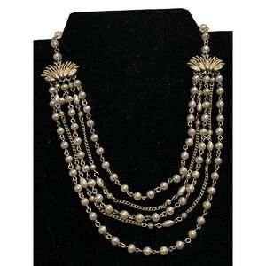 Vintage Coro Gold Tone & Faux Pearl Bib Necklace Multi Strand Cocker
